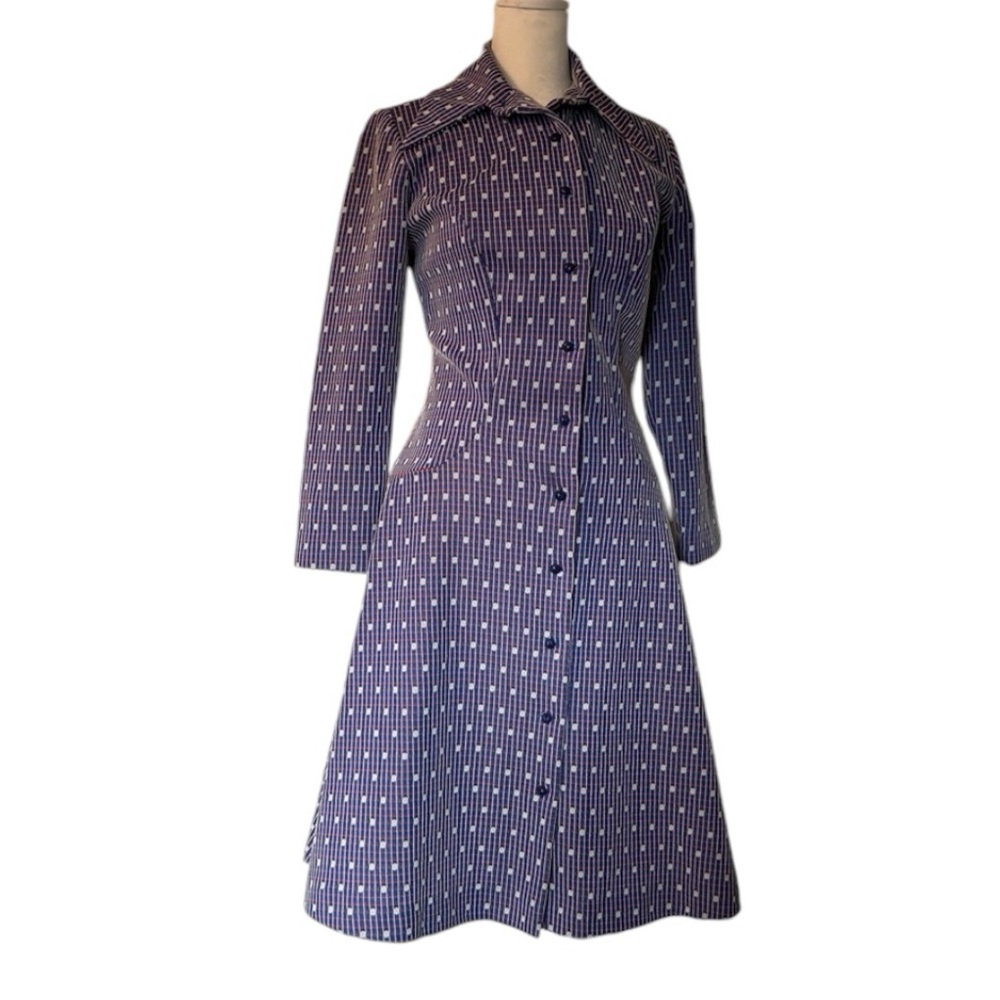 Vintage 70s A-Line collared dress Size Small /  red, white blue geometric dress